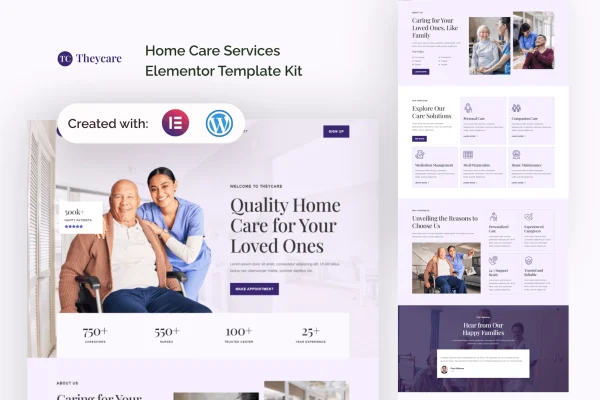 Theycare home care services Elementor template kit preview