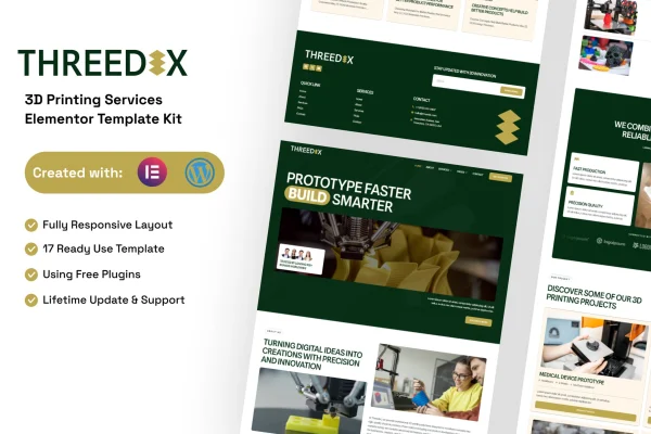 Threedix 3D printing services Elementor template kit preview