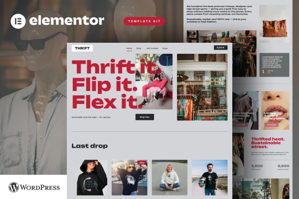 Thrift vintage and second hand shop Elementor Pro template kit preview