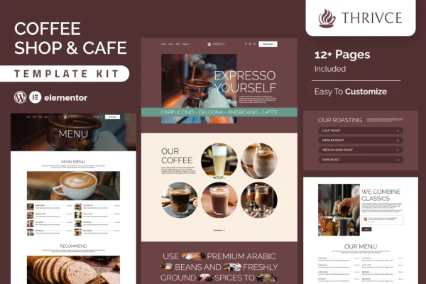 Thrivce coffee shop and cafe Elementor template kit preview