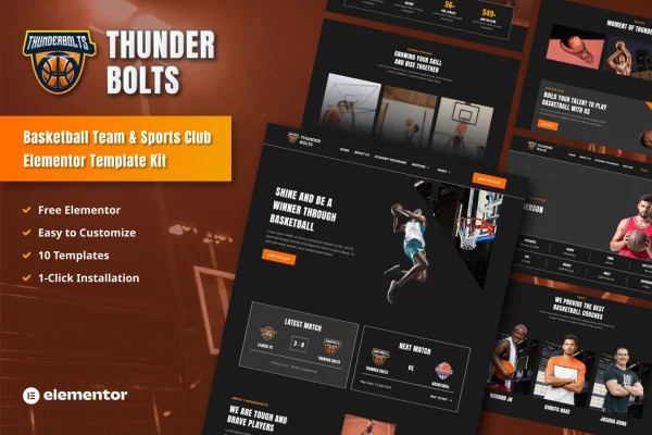Thunderbolts basketball team and sports club Elementor template kit preview