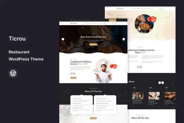 Ticrou restaurant WordPress theme preview with menu and dining page layouts