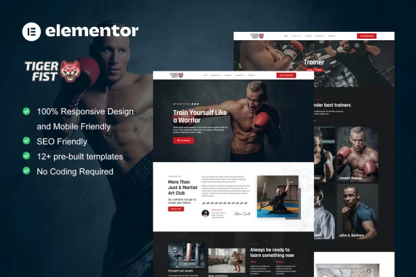 TigerFist martial arts Elementor template kit page previews