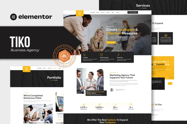 Tiko business agency Elementor template kit cover showing page layouts