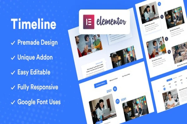 Timeline Elementor addon banner showing vertical and horizontal timeline layouts