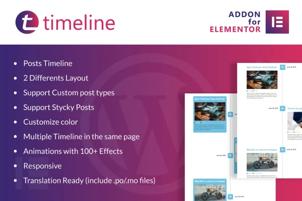 Timeline for Elementor plugin banner showing a vertical post timeline
