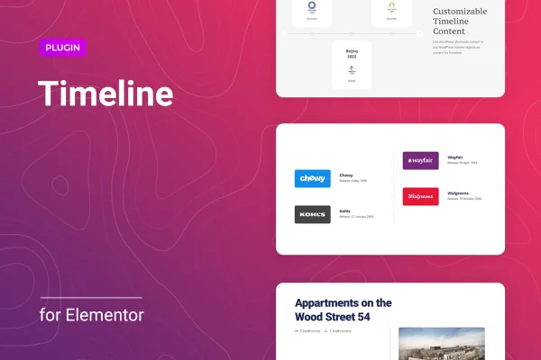 Timeliner for Elementor plugin banner showing a timeline layout