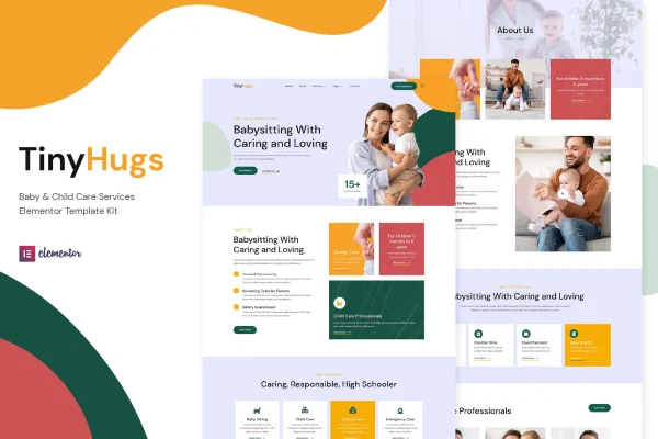 Tiny Hugs child care Elementor template kit cover showing page designs