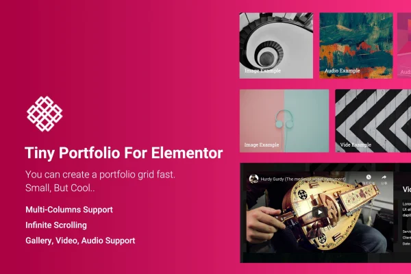 Tiny Portfolio Widgets For Elementor plugin banner with portfolio grid preview