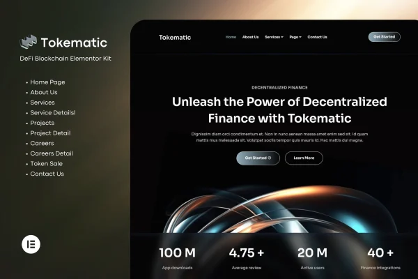 Tokematic crypto DeFi Elementor template kit preview