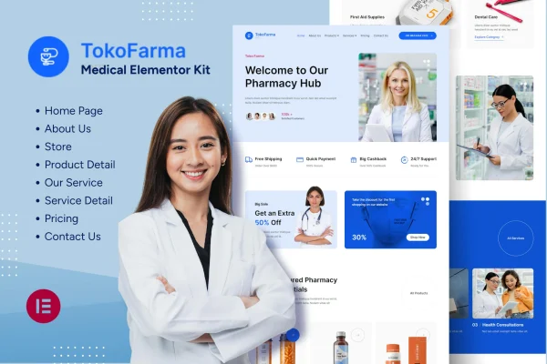 TokoFarma Elementor template kit preview for a medicinal ecommerce store