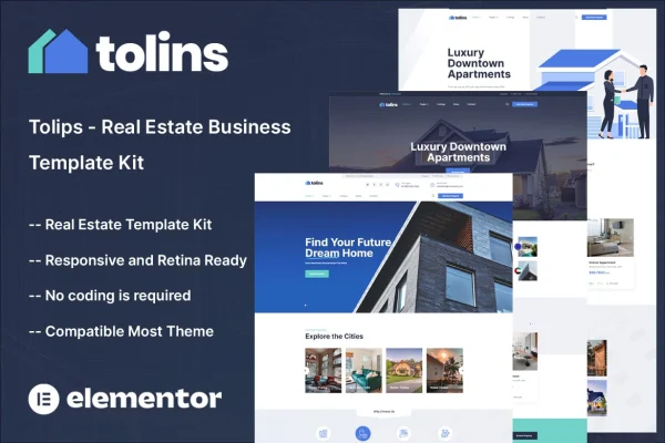 Tolips real estate business Elementor template kit cover showing property website page layouts