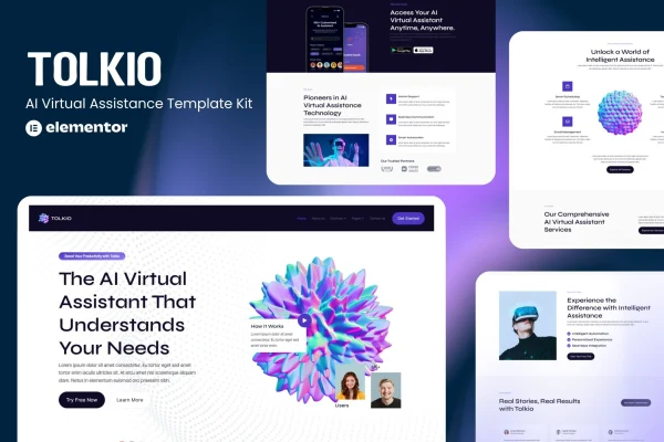 Tolkio Elementor template kit preview for an AI virtual assistant app website