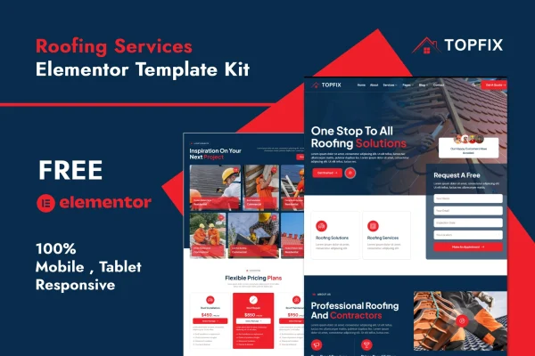 Topfix roofing services Elementor template kit cover image