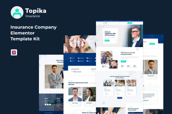 Topika insurance agency Elementor template kit cover showing page layouts