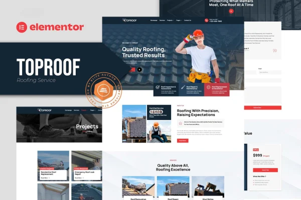 Toproof roofing service Elementor template kit preview