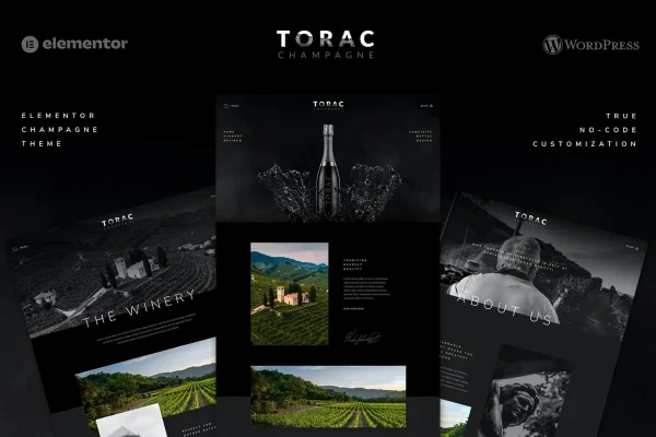 Torac champagne Elementor template kit preview with elegant winery website pages