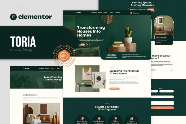 Toria interior design Elementor template kit cover showing modern website page layouts