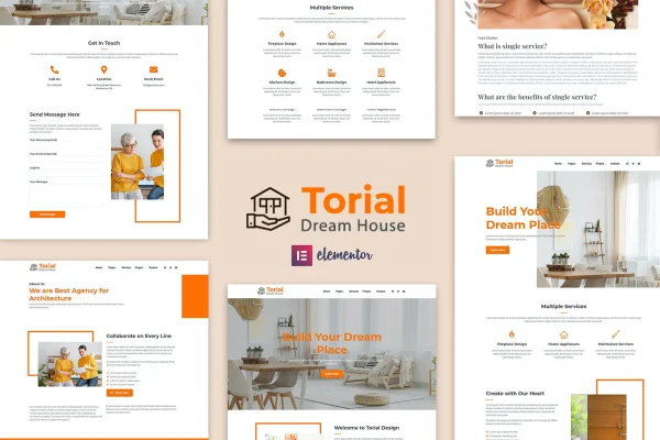 Torial interior design Elementor template kit cover with homepage previews