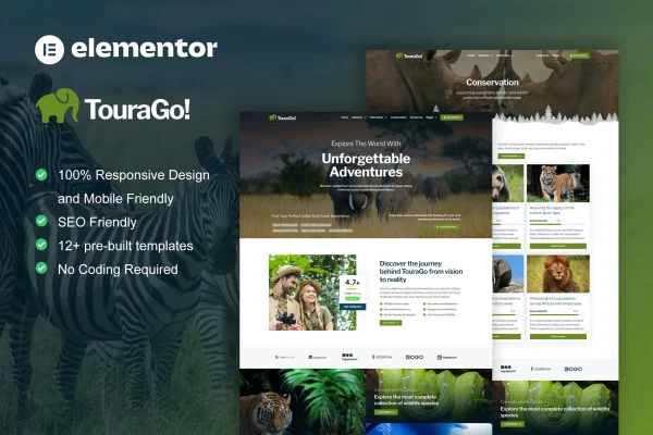 Tourago safari and zoo Elementor template kit cover image