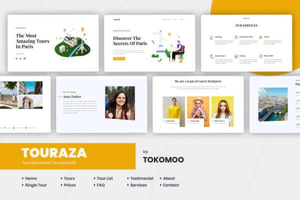 Touraza travel and tour agency Elementor template kit page previews