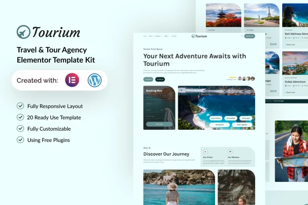 Tourium travel and tour agency Elementor template kit preview