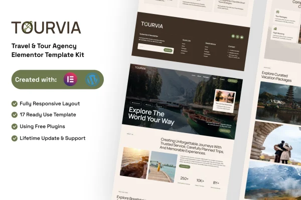 Tourvia tour and travel agency Elementor template kit preview