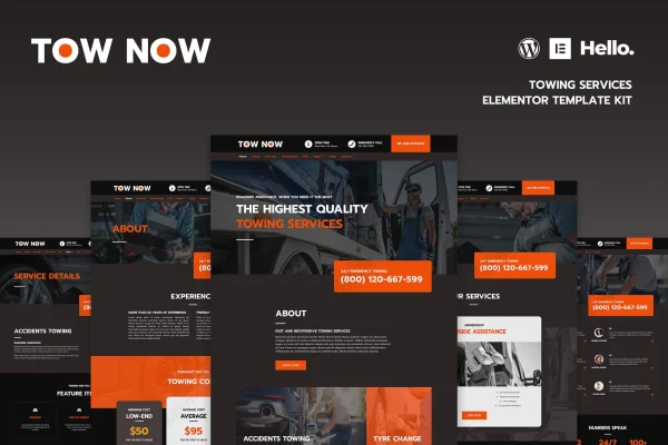 Tow Now towing services Elementor template kit preview