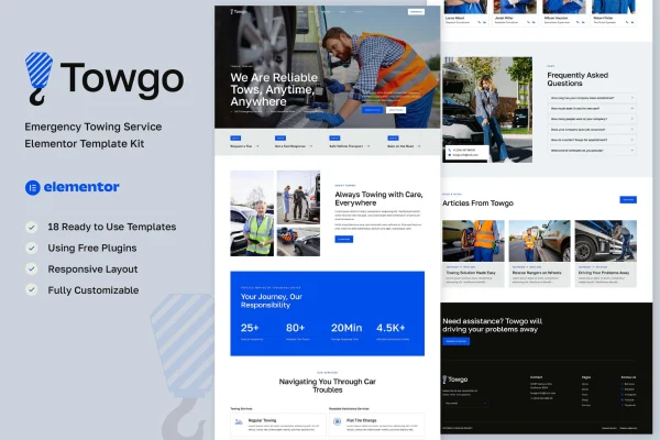 Towgo emergency towing service Elementor template kit preview