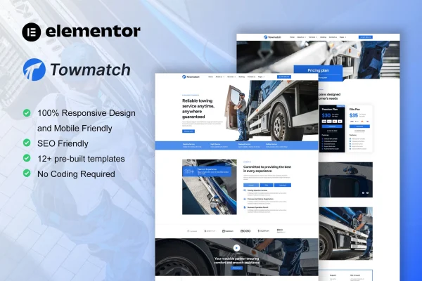 TowMatch towing services Elementor Pro template kit cover image