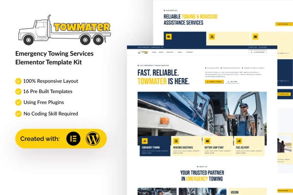 Towmater emergency towing service Elementor template kit preview