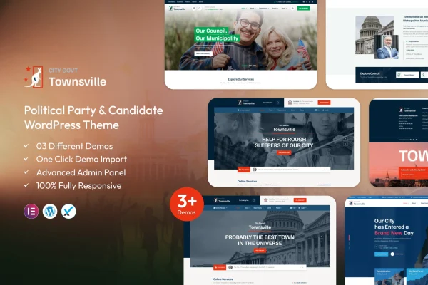 TownsVille political party WordPress theme preview with campaign homepage layout