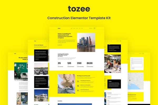Tozee construction Elementor template kit cover showing website page layouts