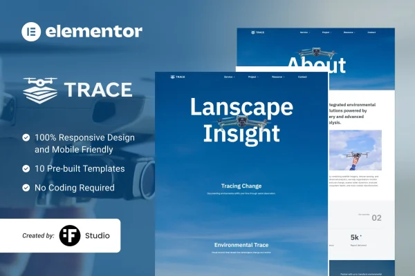 Trace Elementor template kit cover showing environmental drone documentation website layouts