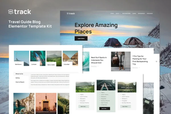 Track travel guide blog Elementor template kit preview