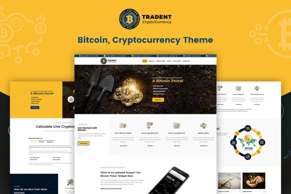 Tradent Cryptocurrency WordPress theme preview with crypto exchange homepage layout