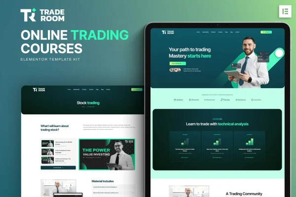 Traderoom Elementor template kit for online trading courses cover image