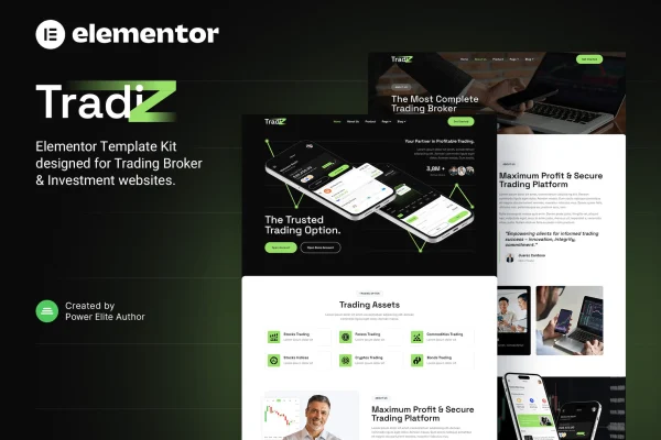 Tradiz trading broker and investment Elementor template kit preview