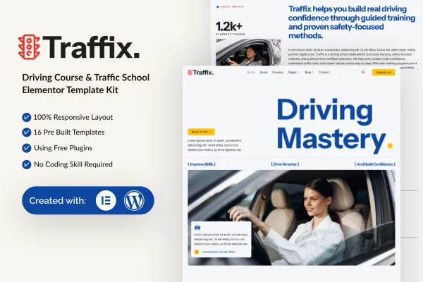 Traffix driving course and traffic school Elementor template kit preview