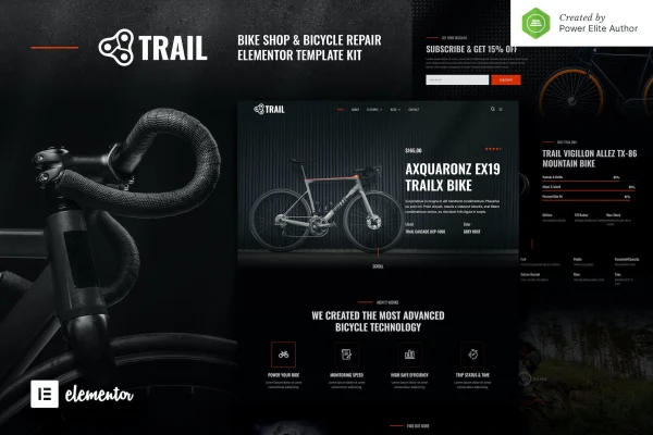 Trail bike shop and bicycle repair Elementor template kit preview