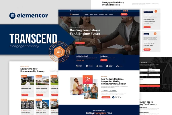 Transcend mortgage lending Elementor template kit cover showing website page layouts