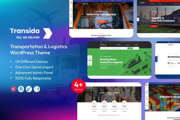 Transida transportation WordPress theme preview with logistics website layout