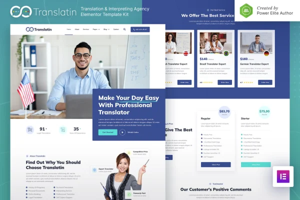 Translatin Elementor template kit preview for a translation and interpreting agency website