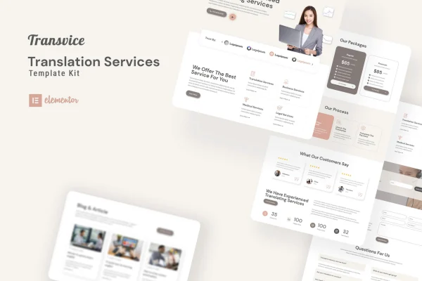 Transvice translation website Elementor template kit preview