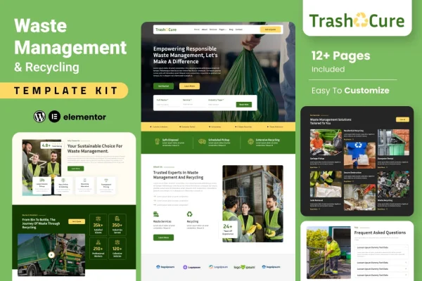 Trashcure waste management and recycling Elementor template kit preview