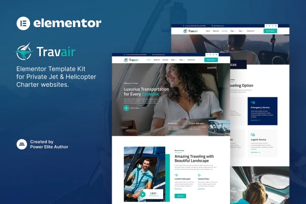 Travair private jet and helicopter charter Elementor template kit preview