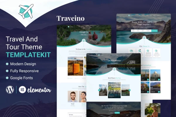 Traveino travel agency Elementor template kit preview