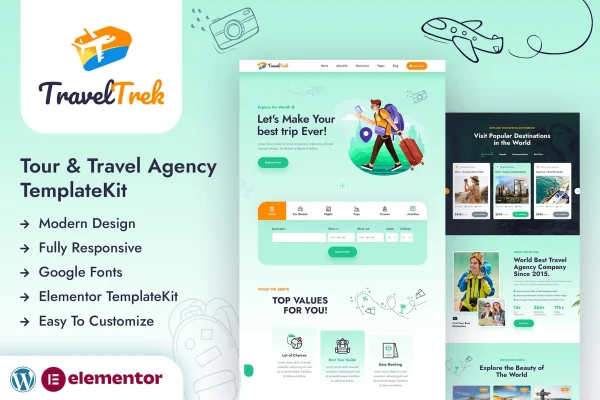Travel Trek tour and travel agency Elementor template kit preview