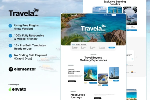 Travela travel and trip business Elementor template kit preview
