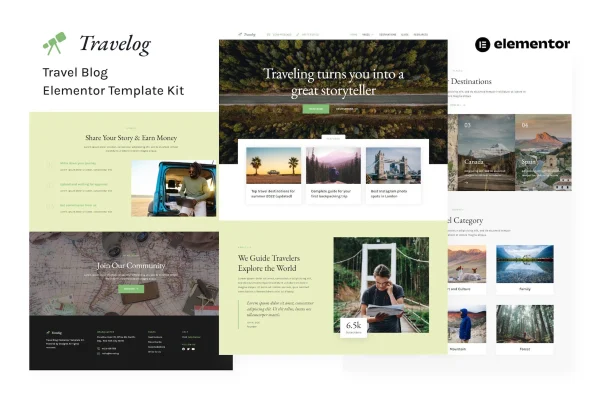 Travelog travel blog Elementor template kit preview